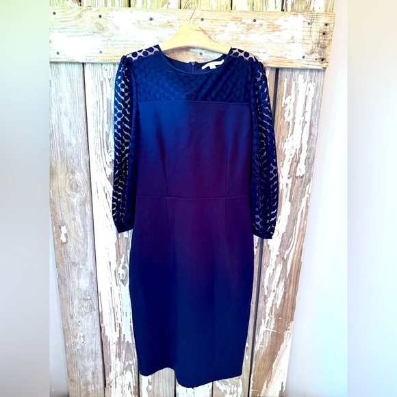 BODEN Electra Ponte Knit Midi Dress Navy Blue Polka Dot Semi Sheer Upper size 8 - Picture 1 of 11